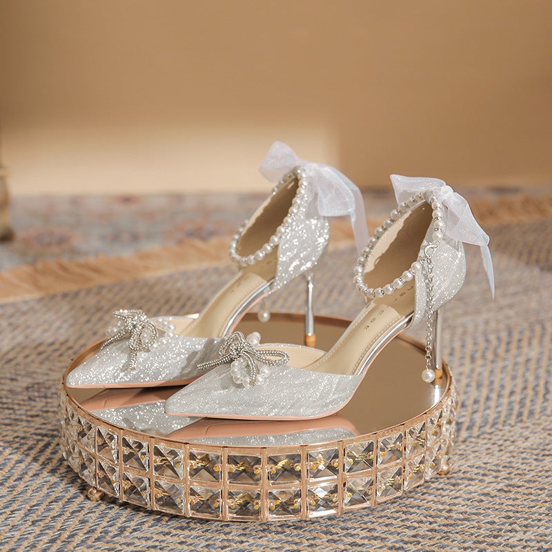 أحذية زفاف كريستالية فضية بكعب عالي للأعراس للبالغات 18 سنة جديدة كعب فرنسي رفيع أحذية غير متعبة - Image 1